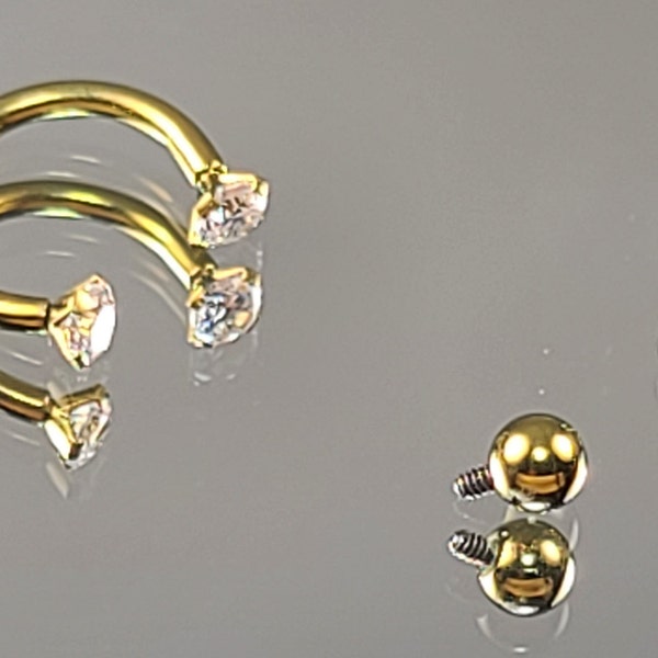 16g Titanium Horseshoe Septum Ring w/3mm Clear CZ prong gem & Balls Septum Anodized Yellow Gold Finish in photo *Choose Finish and Diameter*