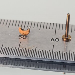 May include: Two gold-colored body jewelry pieces, a crescent moon shaped piece and a straight post with a flat top, are shown on a ruler. The crescent moon piece is at the 50 mark and the post is at the 60 mark.