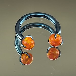 14g Titanium Horseshoe w/5mm Orange Claw Opal Ends Septum Anodized Ice Blue Finish 3/8" (10mm) Diameter Internally Threaded