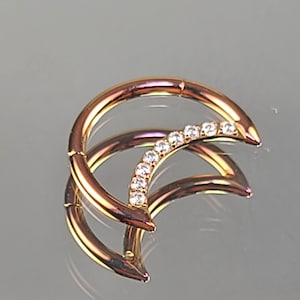 May include: Gold-toned stainless steel septum ring with a crescent moon design and clear crystal accents.
