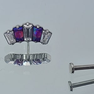 18g Titanium Threadless Baguette Dark Purple Opal and Clear Gem Stud with Cubic Zirconia CZ Gems *Choose Anodized Finish and Post Length*