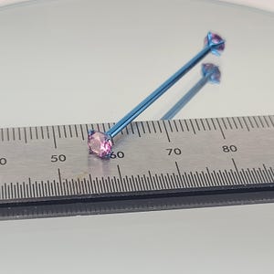 14g Titanium Industrial Bar w/ 5mm Purple CZ Gem Prong Set Ends Ice Blue Finish Internal Thread Barbell *Choose Anodized Finish and Length*