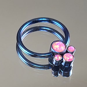 16g (1.2mm) Titanium Captive Bead Ring with Synthetic Pink Opals Quad Cluster CBR Anodized Deep Blue Finish Daith Septum