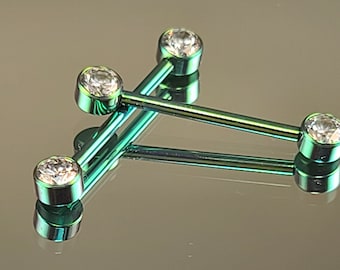 14g (1.6mm) Titanium Internally Threaded Barbell Pair w/Forward Facing Gems (3/4" length) Anodized Green Finish