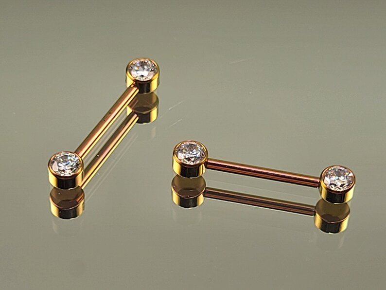 14g 1.6mm Titanium Internally Threaded Barbell Pair w/Forward Facing Gems 5/8 length Anodized Rose Gold Finish Bild 4