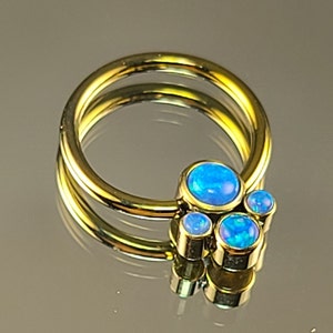 16g (1.2mm) Titanium Captive Bead Ring with Synthetic Blue Opals Quad Cluster CBR Anodized Yellow Gold Finish Daith Septum