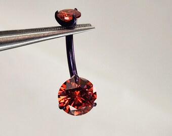 14g Titanium Navel Belly Ring Internal Thread Red Orange Gems 3/8" (10mm) Length Dark Blurple Finish in Photo *Choose Anodized Finish*