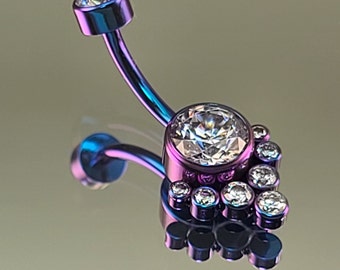 14g 3/8" Titanium Navel Belly Ring Internal Thread Anodized Iridescent Blurple Prong-Set w/ 9-Gems 8mm/5/3/2/2/1/1 3/8" (10mm) length