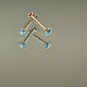 Pair of 18g 3mm Stainless Steel Light Blue Gem Studs Internal Thread Flatback Labrets *Choose Length* 1/4" or 5/16" Post Length