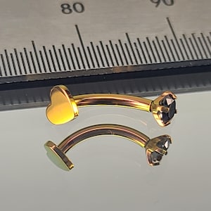 16g Titanium Internal Heart + Black CZ Gem Curved Barbell Rook Eyebrow Vertical Labret Anodized Rose Gold in Photo *Choose Length & Finish*