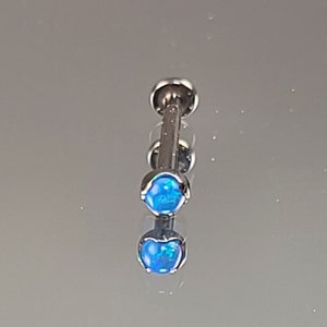 18g (1.0mm) Titanium Threadless 3mm Blue Synthetic Opal scoop setting prong bezel top with 1/4&quot; or 5/16&quot; flatback post