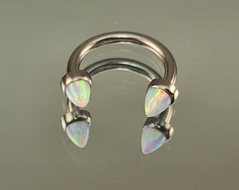 14g (1.6mm) Titanium Horseshoe Septum Ring w/5mm White Opal Dome Ends Septum High Polish Silver Finish in Photo *Choose Finish & Diameter*