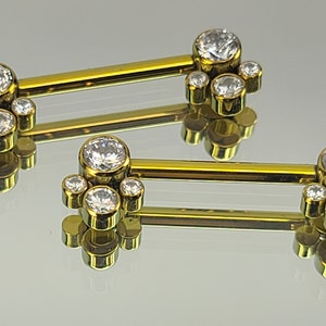 14g Nipple Barbell Pair w/Gem Cluster Ends Internally Threaded 14mm Length Anodized Yellow Gold Finish in Photo *Choose Anodized Finish*
