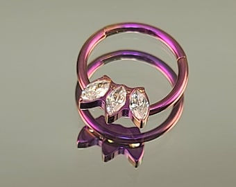 16g (1.2mm) Titanium Clicker Clear CZ Gem Septum/Daith Ring w/ Hinge Fuschia Pink Anodized Finish *Choose Diameter* (3/8" 10mm in photo)