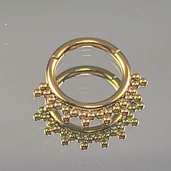16g (1.2mm) Yellow Gold Beaded Granule Titanium Clicker with Hinge for Septum, Lip, Daith, Cartilage *Choose Diameter & Finish*
