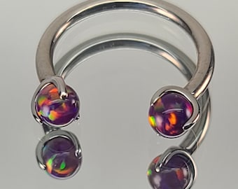 16g Titanium Septum Ring Horseshoe Circular Barbell w/ Royal Red Purple Faux Opal Claw High Polish Silver (photo) *Choose Diameter & Finish*