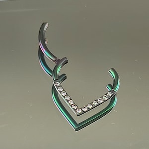 16g Pointy Septum Ring with CZ Gems Hinge Hoop Septum/Daith Anodized Iridescent Green Finish in Photo *Choose Anodized Finish & Diameter*