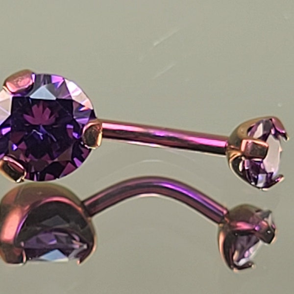 14g (1.6mm)  Fuschia Titanium Navel Belly Ring Internal Thread Prong-Set with 5mm/8mm Purple Gems 7/16" Length