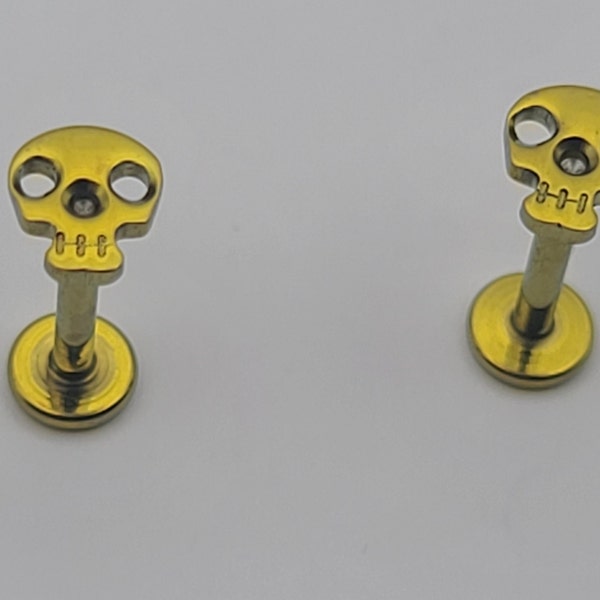 16g (1.2mm) Skull Stud Pair Earrings Bar Earrings Titanium Anodized Yellow Gold Finish Internally Threaded *Choose Length*