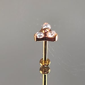 18g (1.0) Titanium Threadless Rose Gold Trinity Triple Top w/2mm Gems and Your Choice of 1/4" or 5/16" Flatback Post
