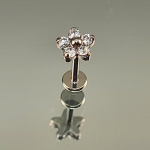 16g (1.2mm) Internal Thread Titanium Clear Gem CZ Flower Stud Earring *Single* Pick 5/16" (8mm) or 1/4" (6mm) Flatback Post *Choose Finish*