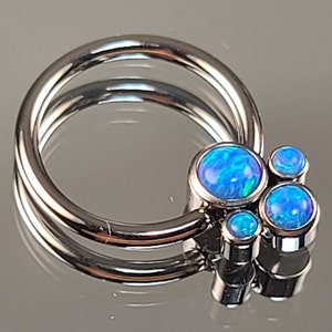 16g (1.2mm) Titanium Captive Bead Ring with Synthetic Blue Opals Quad Cluster CBR Daith Septum *Choose Finish Color*