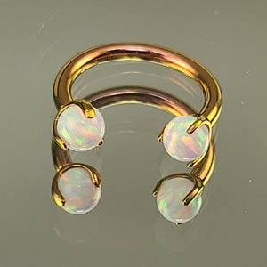 16g (1.2mm) Titanium Horseshoe 3/8" (10mm) Diameter Internally Threaded w/3mm White Claw Opal Ends Septum in Anodized Rose Gold Finish