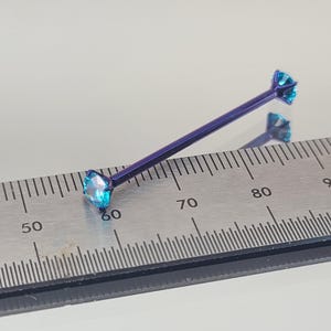 14g Titanium Industrial Bar w/ 5mm Aqua CZ Gem Prong Set Ends Blurple Finish Internal Thread Barbell *Choose Anodized Finish and Length*