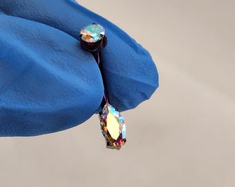 14g 10mm Titanium Navel Belly Ring w/AB CZ Gem Teardrop Pear Gem Length Petite Smaller Size Navel *Anodized Dark Blurple Finish in Photos