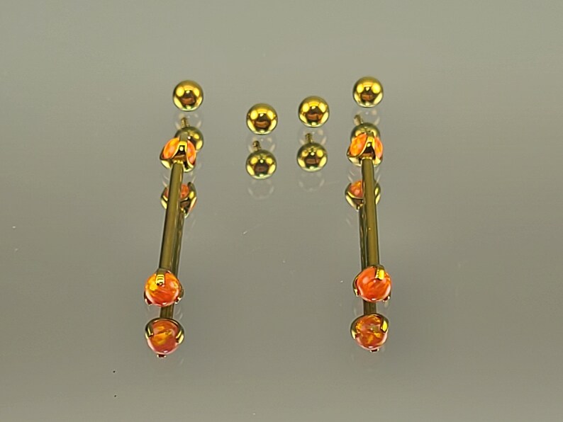 14g 1.6mm Orange Opal Claw End Barbell Titanium Internally Threaded Barbell Pair Anodized Yellow Gold Finish w/4x4mm Balls image 3