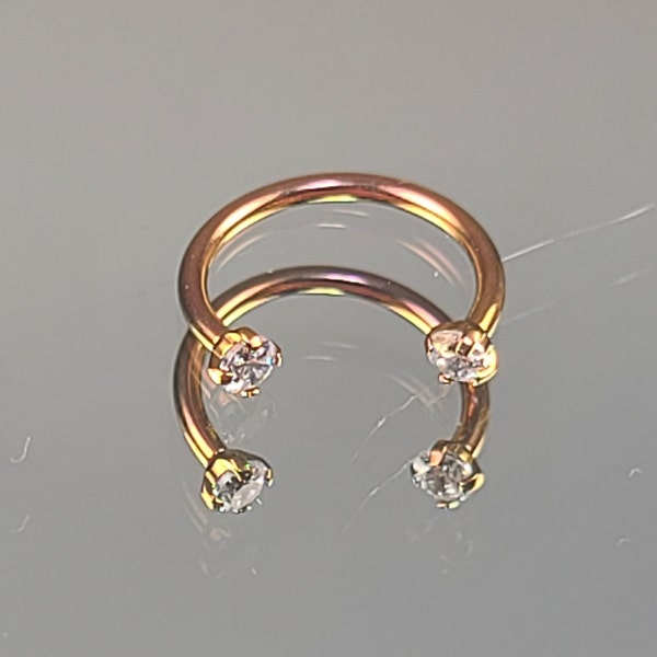 16g (1.2mm) Titanium Horseshoe Internally Threaded w/3mm Clear Prong-Set Gems Septum *Choose Diameter & Finish Color*