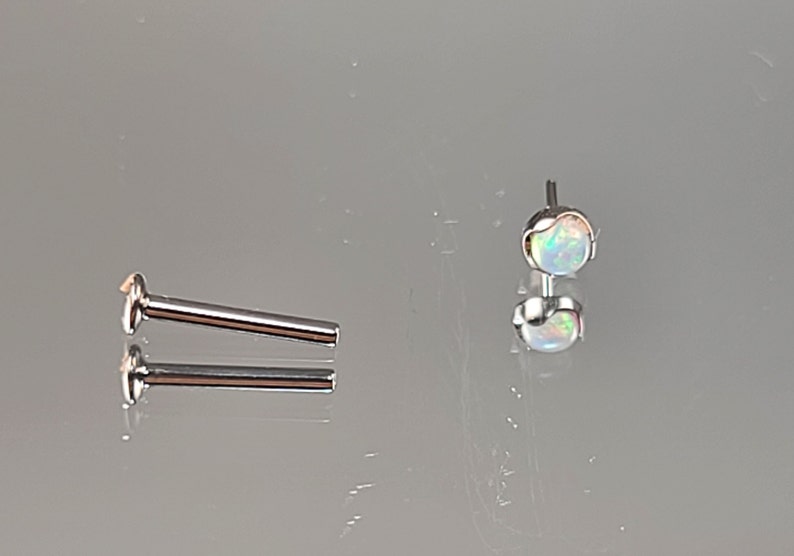 1.0mm Titanium Threadless 3mm White Opal Scoop Setting with your choice 14 18g length flatback post or 516 6mm 8mm