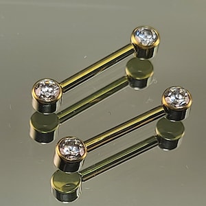 Pair of 14g (1.6mm) Threadless Titanium Nipple Barbell Nipple Bars Anodized Yellow Gold Finish in Photo *Choose Barbell Length & Finish*