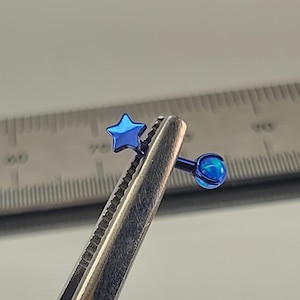 16g Titanium Internal Thread Star + Blue Opal Curved Barbell Rook Eyebrow Vertical Labret Deep Blue Finish in Photo *Choose Length & Finish*