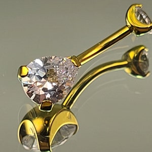 14g (1.6mm) Titanium Yellow Gold Finish Navel Belly Ring Internal Thread Prong Clear Teardrop Pear-Shaped Gems 7/16&quot; (12mm) Length