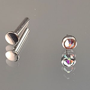 18g (1.0) Threadless Titanium Bezel 3mm Bezel Iridescent Aurora Borealis AB Top w/ Flatback Post *Choose Finish & Length*