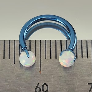 16g Titanium Horseshoe Septum Ring Circular Barbell w/3mm White Opal Claw Gems Anodized Ice Blue Finish in Photo *Choose Finish & Diameter*
