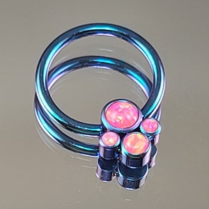 16g (1.2mm) Titanium Captive Bead Ring with Synthetic Pink Opals Quad Cluster CBR Anodized Teal Blue Iridescent Finish Daith Septum