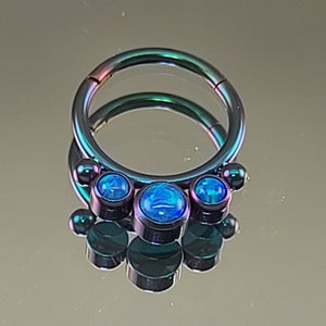 16g Titanium 3-Opal Septum Clicker 3/8" (10mm) Diameter with Blue Faux Opals Hinge Hoop Anodized Iridescent Green Finish