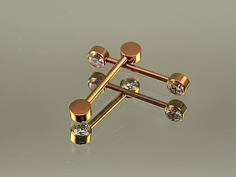 14g 1.6mm Titanium Internally Threaded Barbell Pair w/Forward Facing Gems 5/8 length Anodized Rose Gold Finish Bild 6