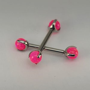 14g Neon Pink Opal Claw End Barbell Titanium Internally Threaded Barbell Pair High Polish Silver Finish in Photo Choose Length & Finish image 7