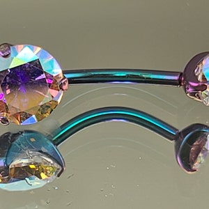 14g (1.6mm) Titanium Navel Belly Ring Internal Thread Prong-Set AB Aurora Borealis Gems 7/16&quot; Length Anodized Iridescent Teal Finish