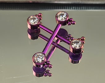 14g Titanium Nipple Barbell Pair Threadless Nipple Bars w/ 4mm Forward Facing Gems Anodized Fuschia Pink Purple Finish