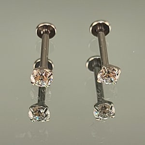 18g Titanium Threadless One Pair Stud 3mm Gem Clear CZ Prong Setting with Your Choice of 1/4"or 5/16" Base *Choose Anodized Finish*