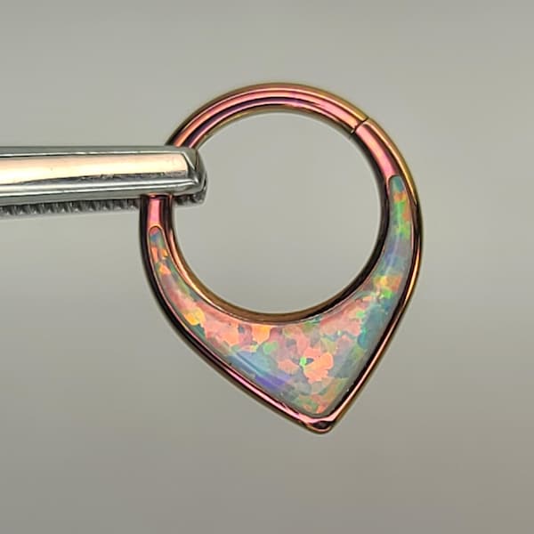 16g 8mm Smooth Pointy V White Opal Titanium Clicker with Hinge for Septum Anodized Rose Gold in Photo *Choose Diameter & Anodized Finish*