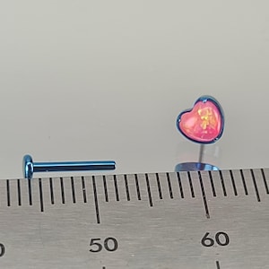 16g Pink Opal Heart Stud Threadless Flatback Titanium Stud *Choose Anodized Finish and Post Length* (Anodized Ice Blue in Photos)