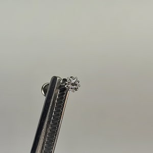 May include: A small, clear gemstone with a starburst design is held by a silver tool. The gemstone is round with multiple facets, reflecting light. The tool has a textured grip.