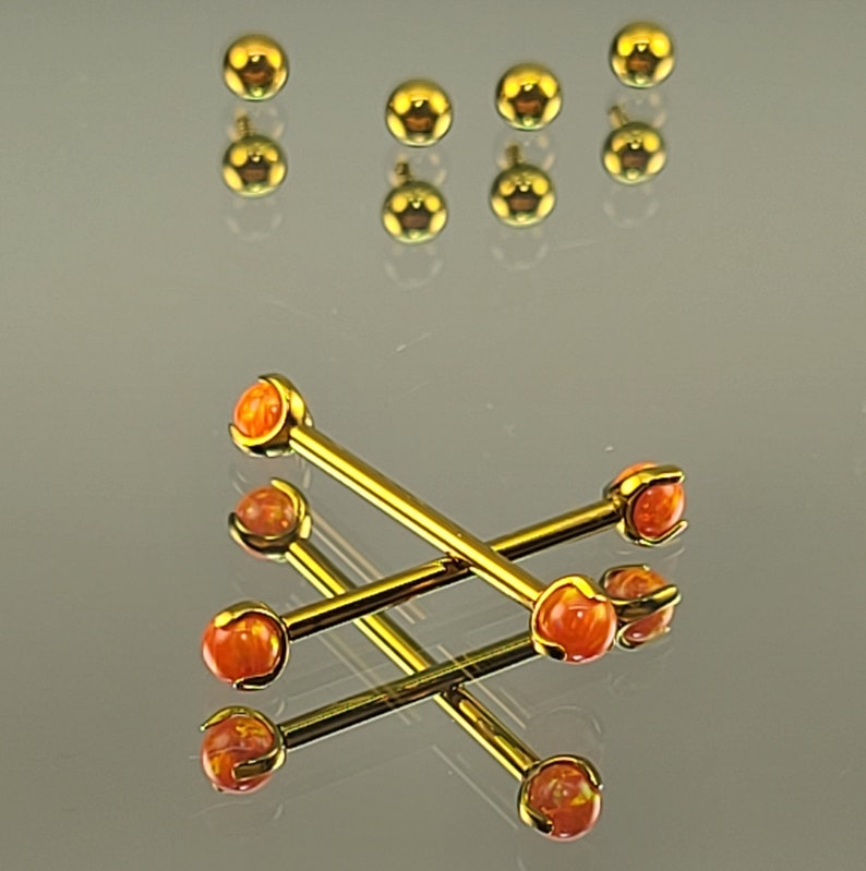 14g 1.6mm Orange Opal Claw End Barbell Titanium Internally Threaded Barbell Pair Anodized Yellow Gold Finish w/4x4mm Balls image 1