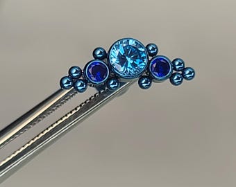 16g Titanium Light Blue CZ + Dark Blue CZ Cubic Zirconia Crescent Flatback Labret Ice Blue in Photo *Choose Anodized Finish and Length*