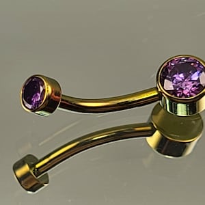 14g Titanium Yellow Gold Purple Gem Navel Belly Ring Internal Thread 4mm/6mm Bezel-Set Gems Anodized Yellow Gold Finish 7/16&quot; (11mm) Length